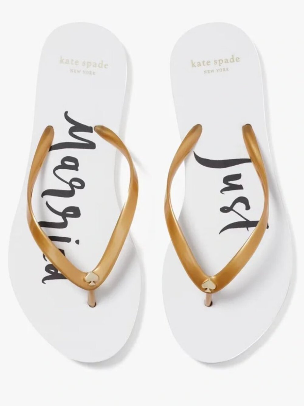 Kate Spade Nayla "Just Married" Script White and Gold Flip Flop Sandals 10